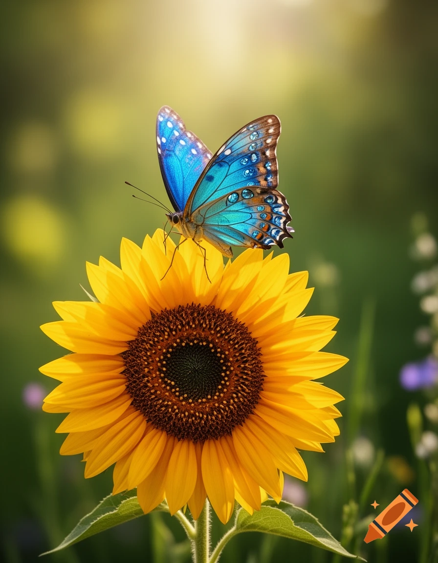 A vibrant blue butterfly with spotted wings perches on a bright yellow sunflower in a soft-focus garden.