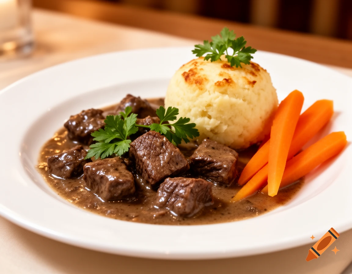 Venison stew with a bread dumpling, carrots, and parsley on a white plate.