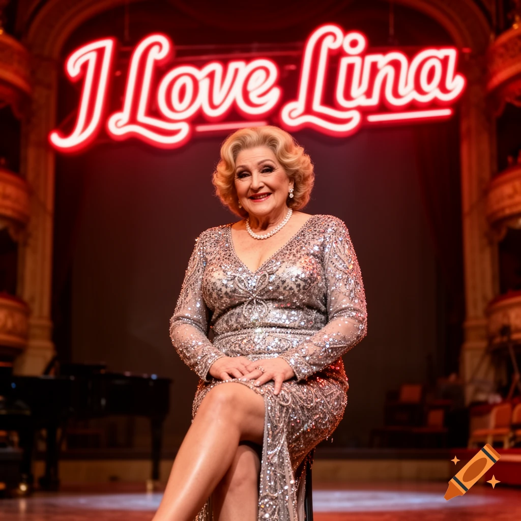 A smiling older woman in a sparkly dress sits on a stage with a red neon 'I Love Lina' sign behind her.