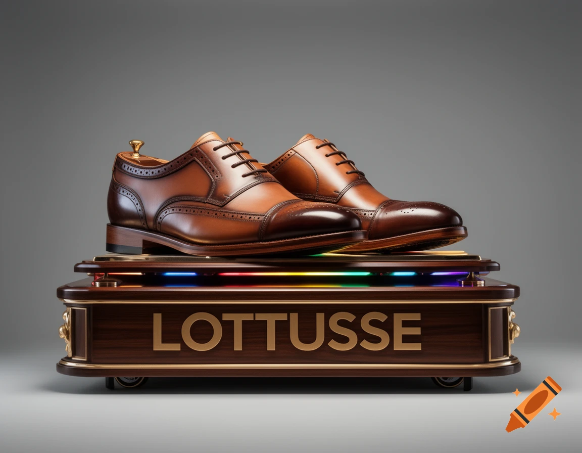 Close-up of a pair of brown leather oxford shoes with brogue detailing on a dark wood display stand with the "LOTTUSSE" logo and rainbow lighting against a gray background.