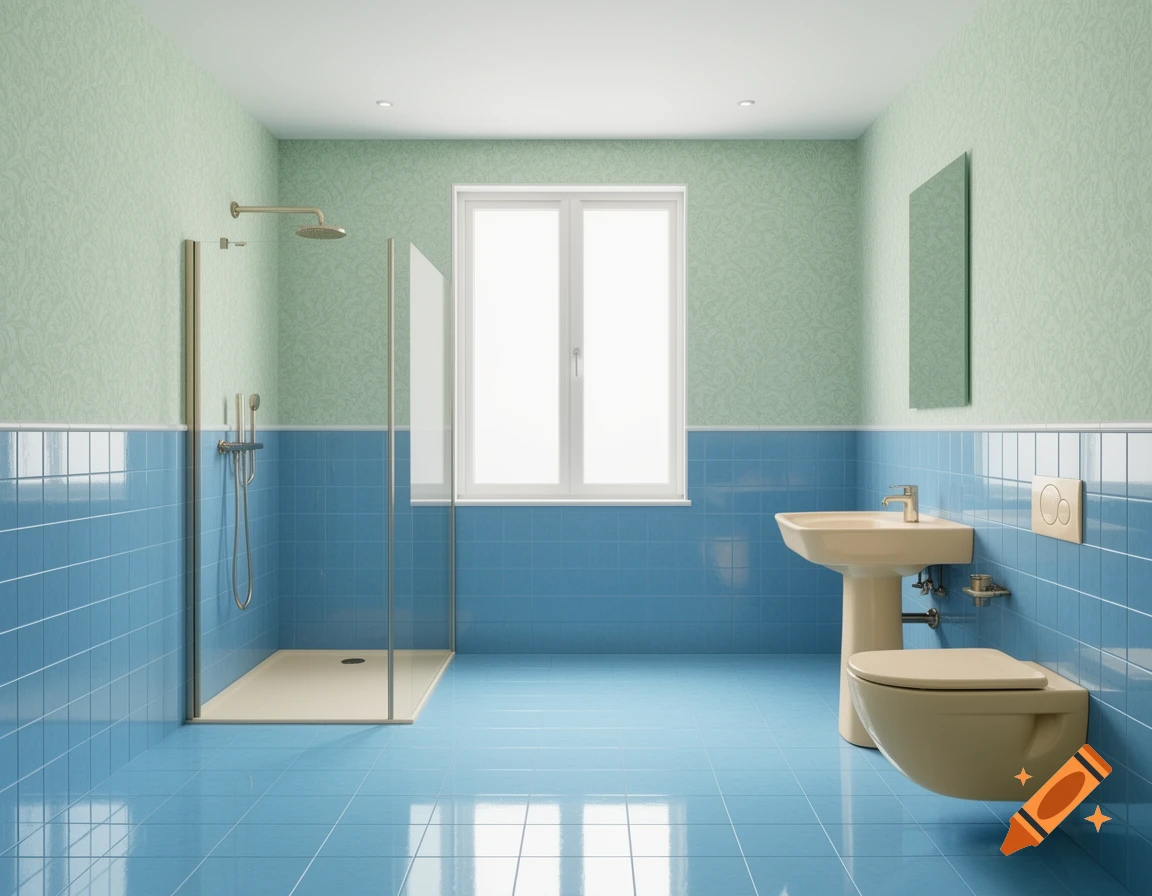 Modern bathroom with blue tiles on the floor and lower walls, mint green wallpaper on the upper walls, a shower, a sink, a toilet, and a window.