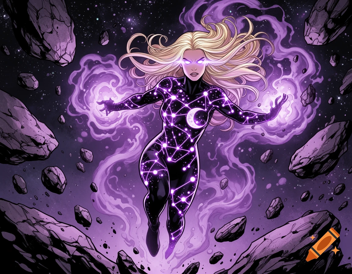Blonde superhero in cosmic suit with violet constellations, glowing eyes, telekinetically lifts asteroids with purple energy in comic art style.
