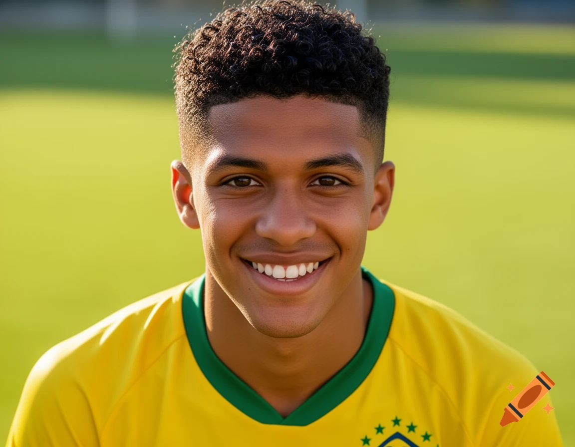 Close-up portrait of a smiling young man with dark curly hair wearing a yellow and green Brazilian soccer jersey, against a bright green outdoor background.