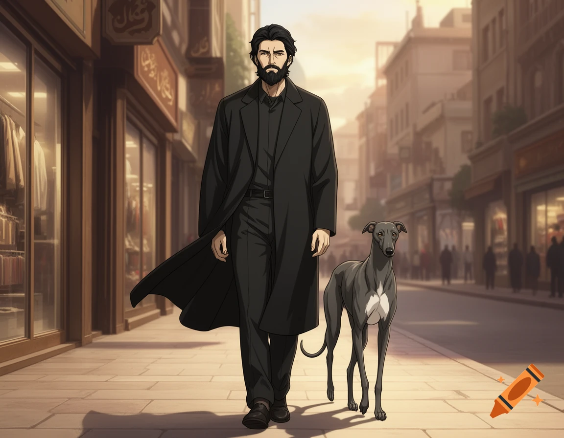 An anime-style man with a beard and a black coat walks a greyhound down a city street with shops.