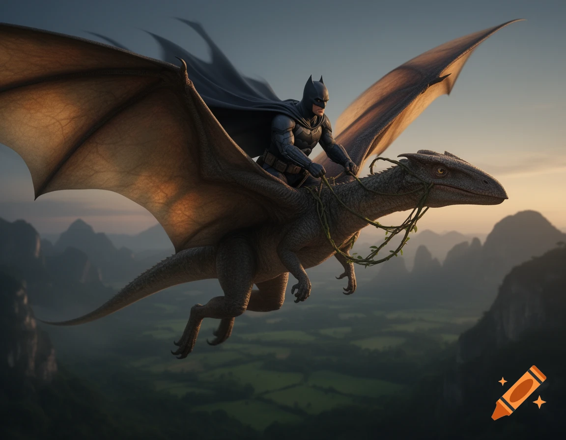 Batman rides a winged dinosaur-like creature over a lush mountain valley at dusk, photorealistic style.