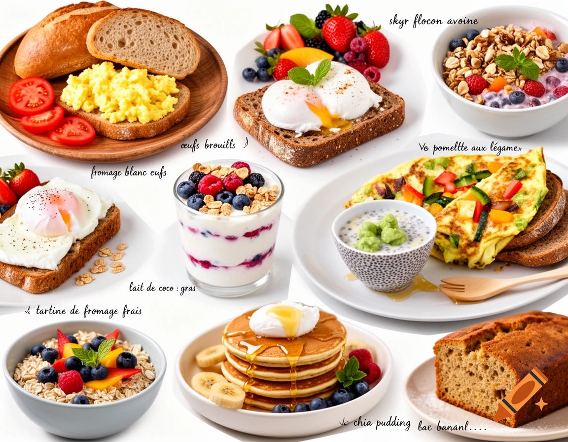 A flat lay photo featuring various breakfast dishes including scrambled eggs on toast, poached eggs on toast, yogurt parfaits, vegetable omelet, pancakes with bananas, and a loaf of banana bread, each with French handwritten-style labels.