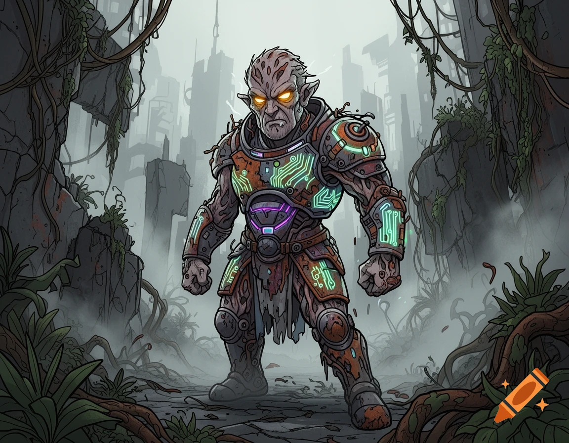 A menacing armored alien creature with glowing eyes stands in a ruined, overgrown dystopian city in a cartoon art style.
