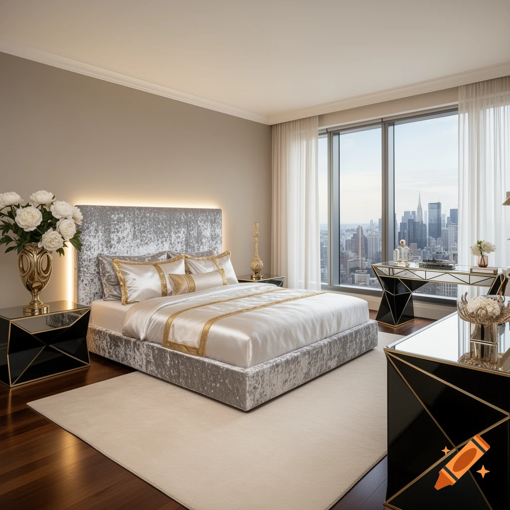 A luxurious bedroom with a silver crushed velvet bed, white and gold bedding, and black and gold mirrored furniture, featuring a large window with a city skyline view.