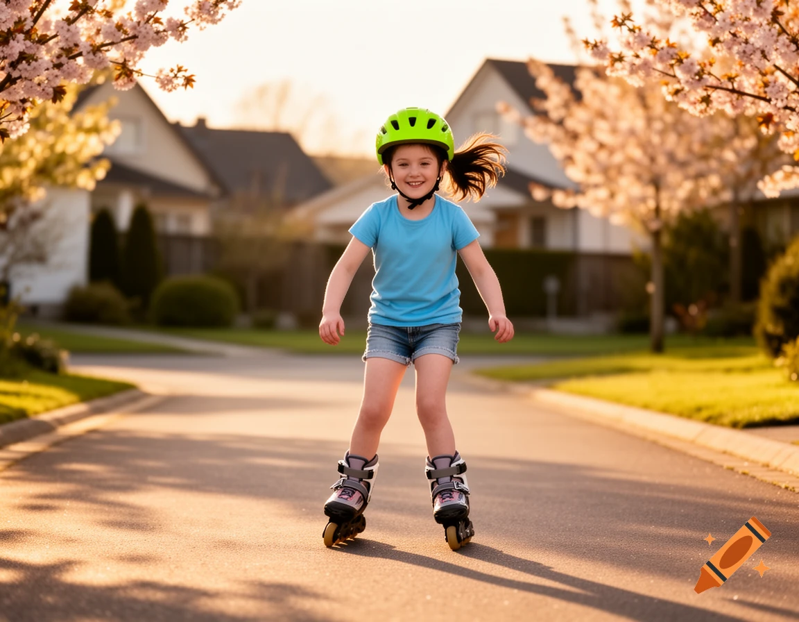 Smiling young girl in a green helmet and rollerblades on a sunny residential street with blooming trees.