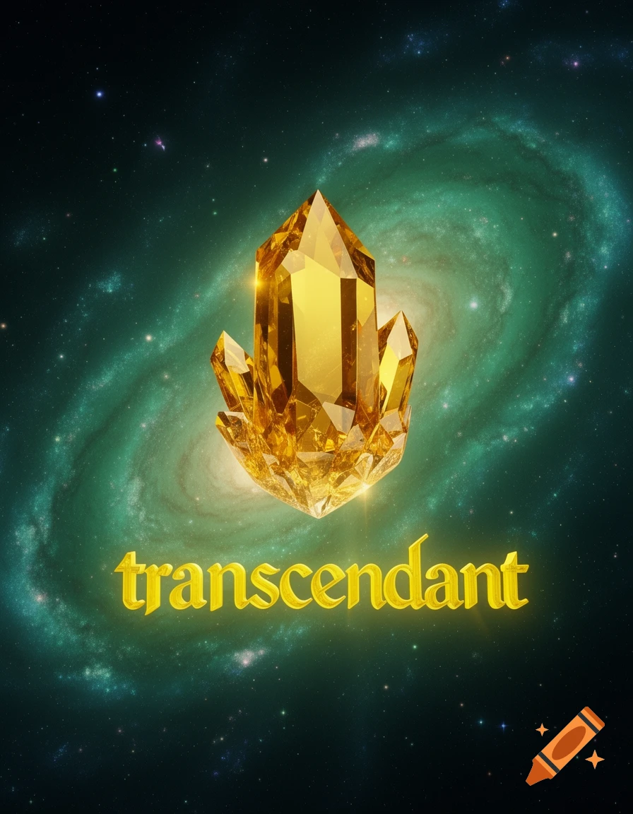 A glowing golden crystal in the center of a swirling green galaxy, with the word "transcendant" in gold script below it.