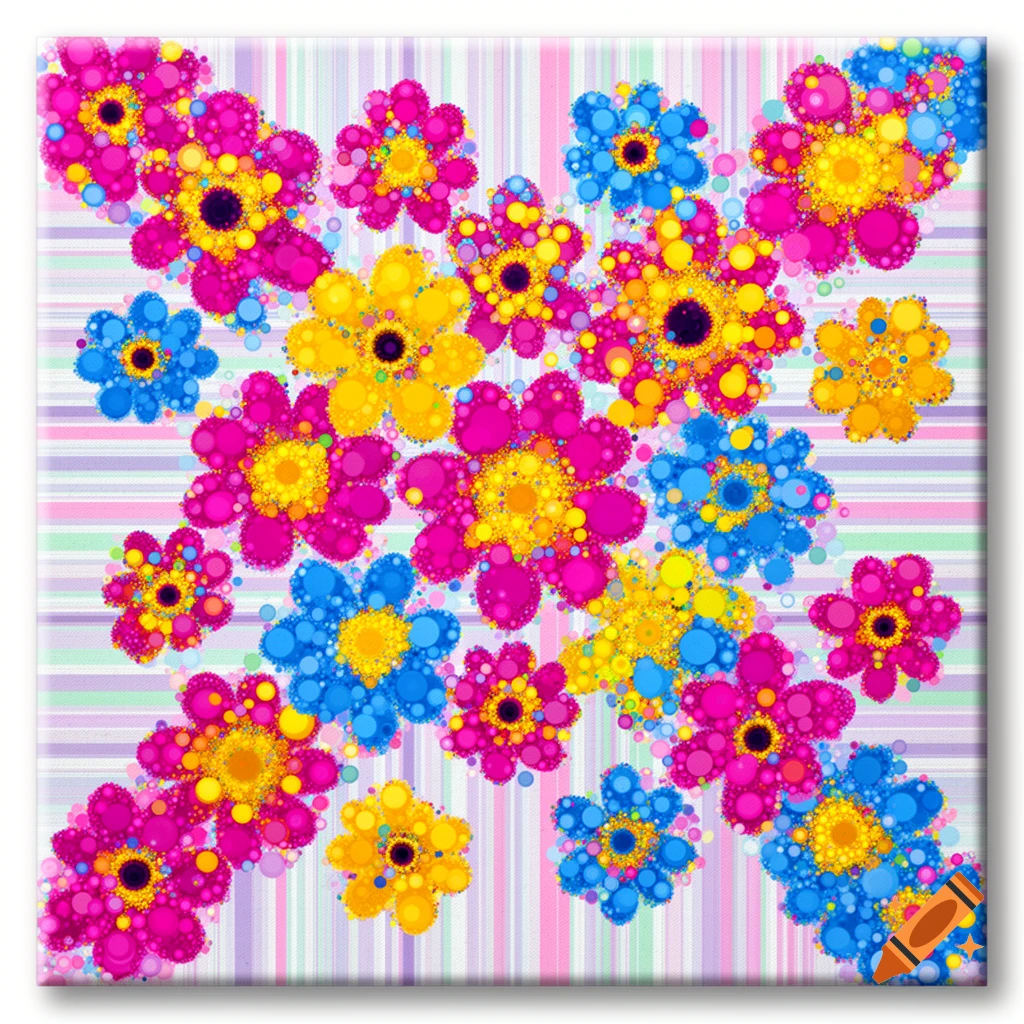 Vibrant abstract pattern of pink, yellow, and blue dot-flowers on a light striped background.