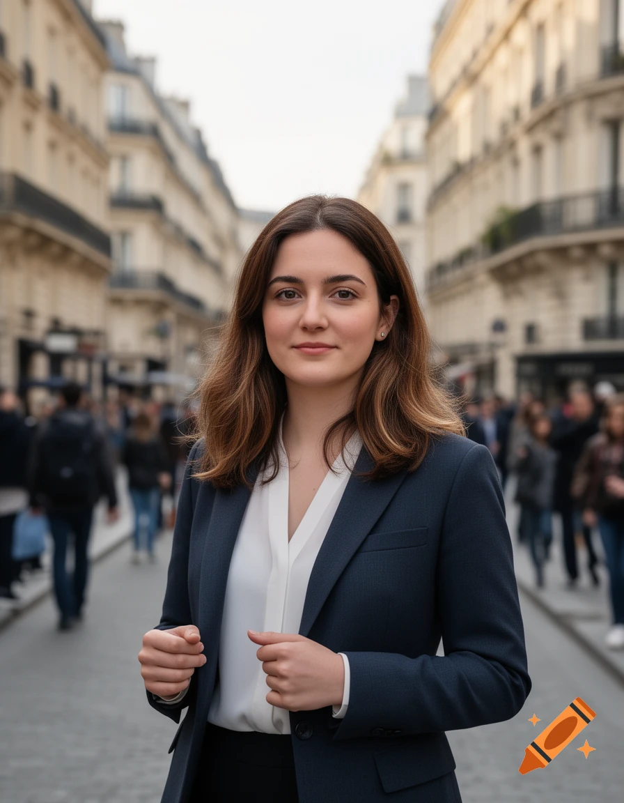 A young woman with brown hair, wearing a dark blue suit jacket and white blouse, stands on a cobblestone street with blurred city buildings and people in the background.