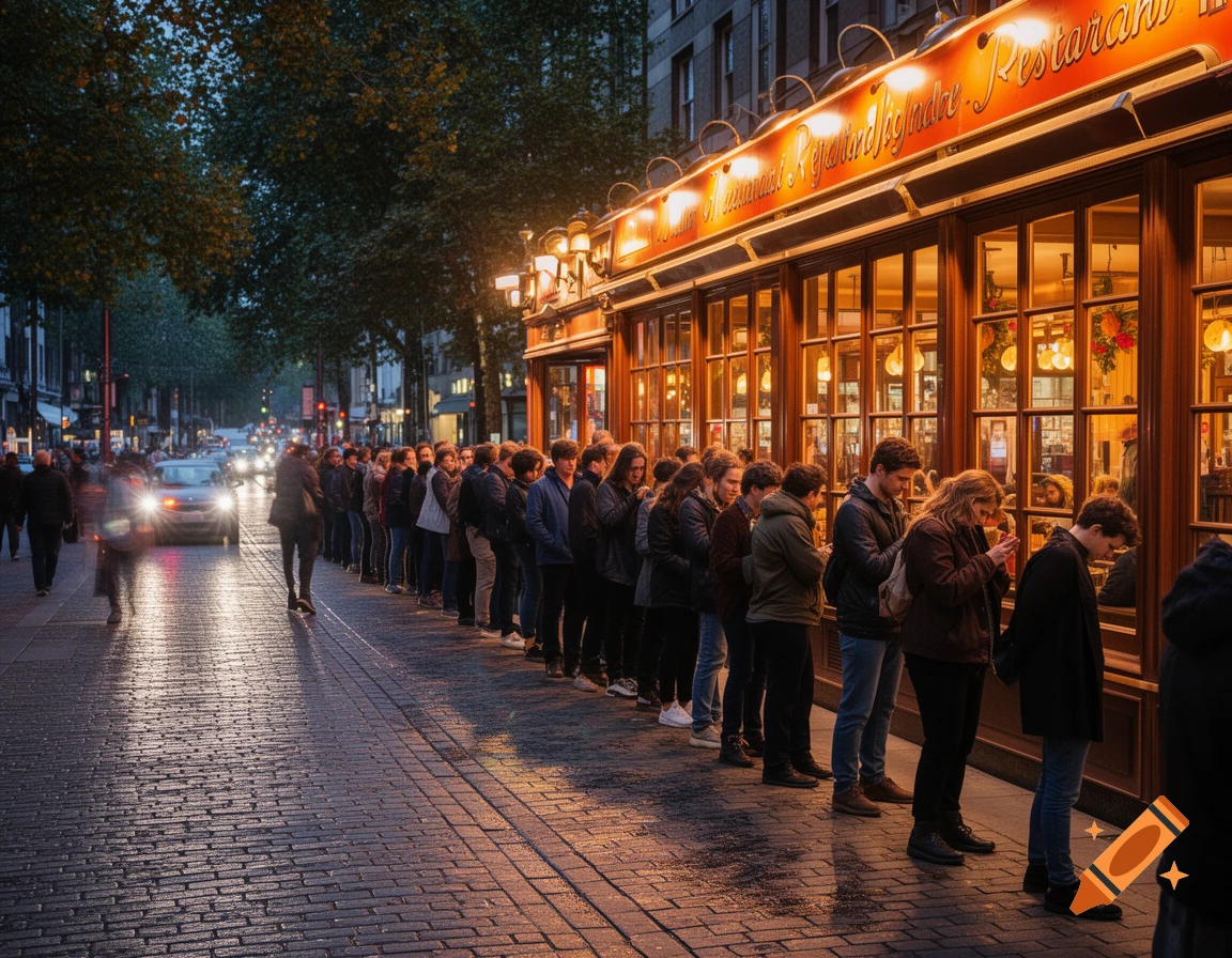 A long line of people waits outside a brightly lit restaurant on a wet city street at night, with blurred cars passing by.