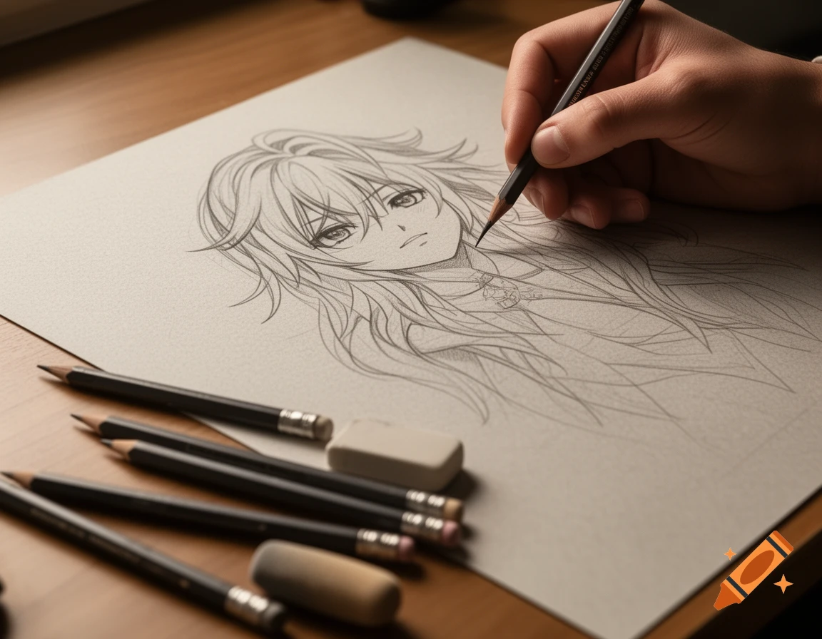 A hand draws an anime girl with long wavy hair on a piece of paper, surrounded by pencils and an eraser on a wooden desk, in a realistic style.