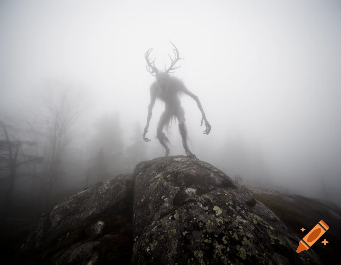 Photorealistic image of a gaunt, antlered wendigo creature standing on a rocky outcrop in a dense, misty forest.
