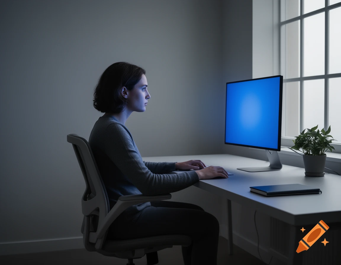 A woman sits in a chair, illuminated by the bright blue screen of a computer monitor on a white desk next to a window.