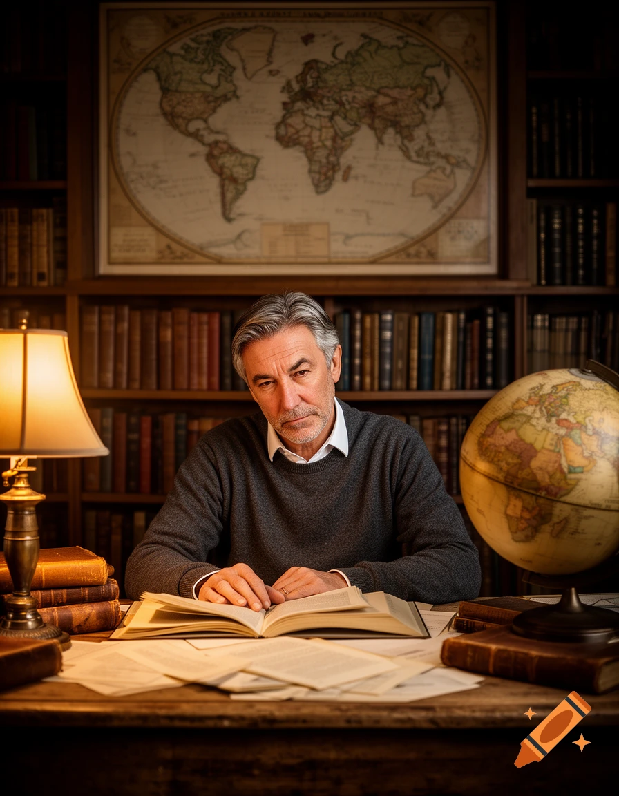 A grey-haired man intently reads an open book at a wooden desk, surrounded by bookshelves, a world map, and a globe in a study.