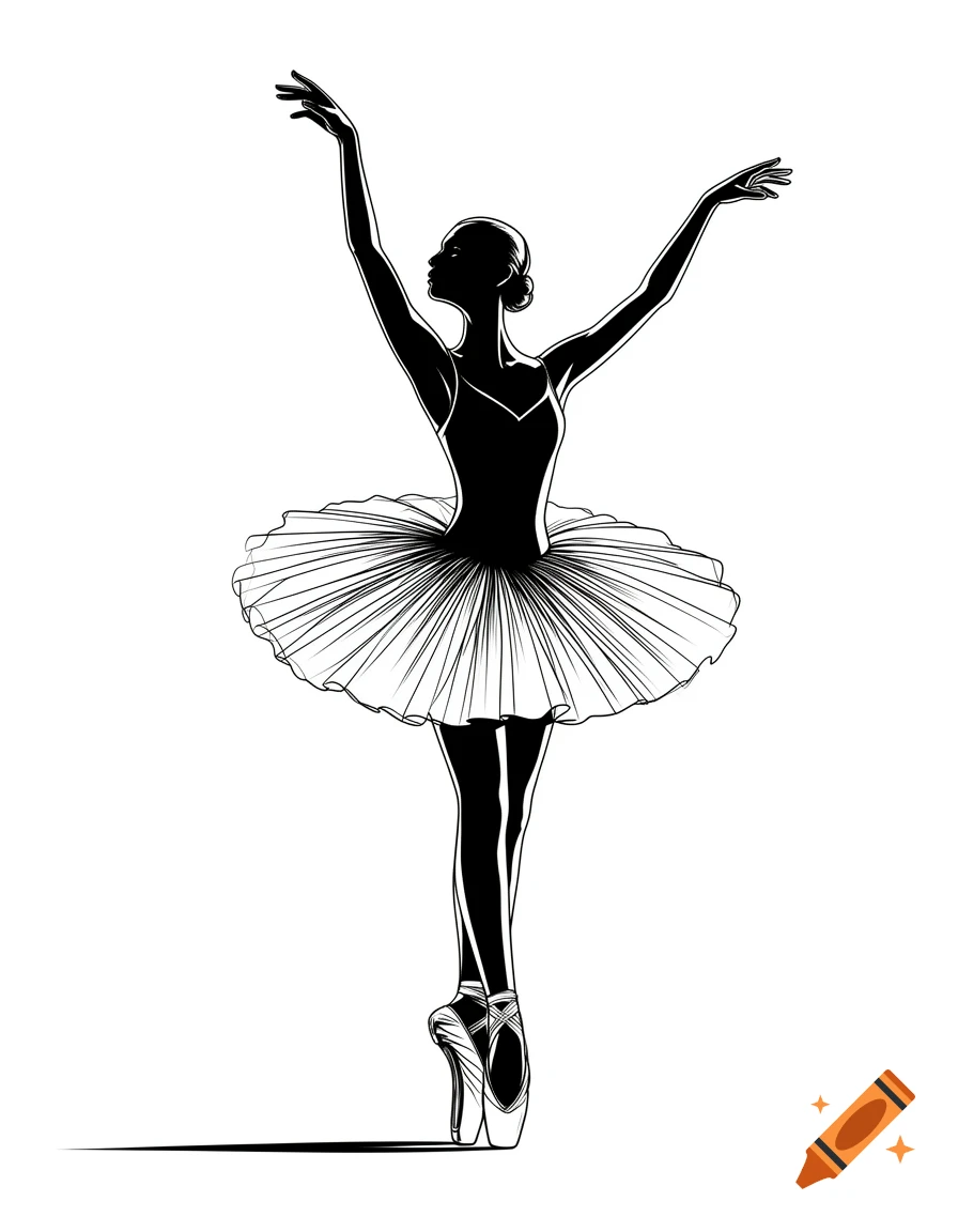A black and white line art silhouette of a ballerina dancing en pointe with arms gracefully raised.