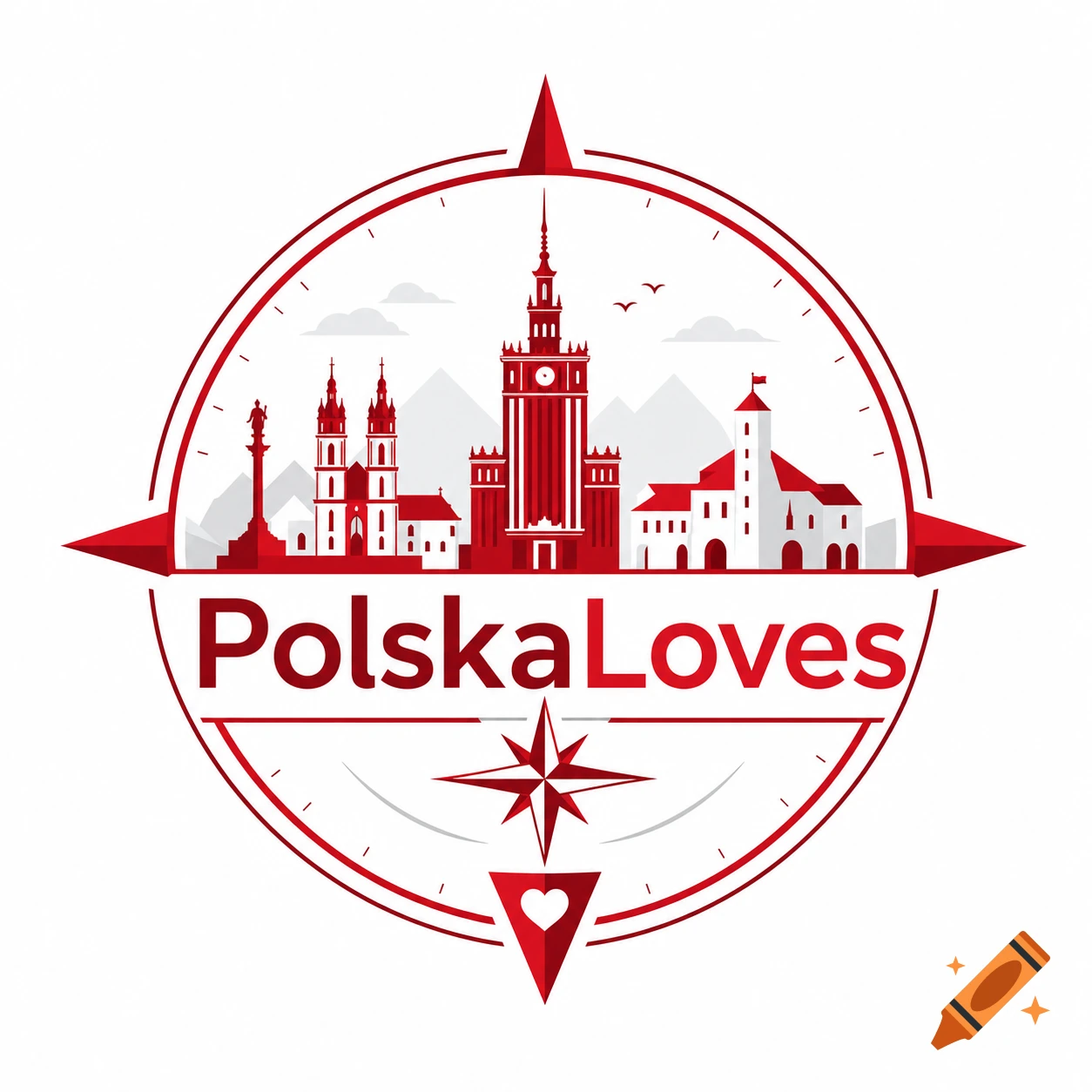 Red and white logo of a compass with a city skyline and mountains, text reads 'PolskaLoves'.