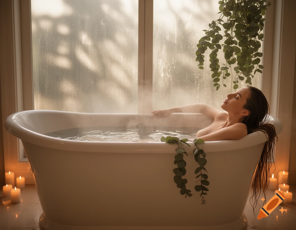 A woman relaxing in a steamy bathtub surrounded by candles and lush green plants by a large window, photorealistic.