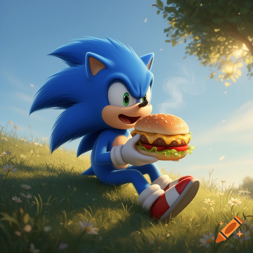 Sonic the Hedgehog sits in a grassy field, happily holding and looking at a steaming cheeseburger under a blue sky.