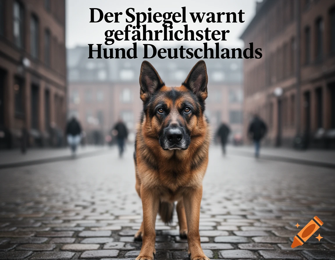 A photorealistic German Shepherd stands on a wet cobblestone street in a city, with German text overlaid.
