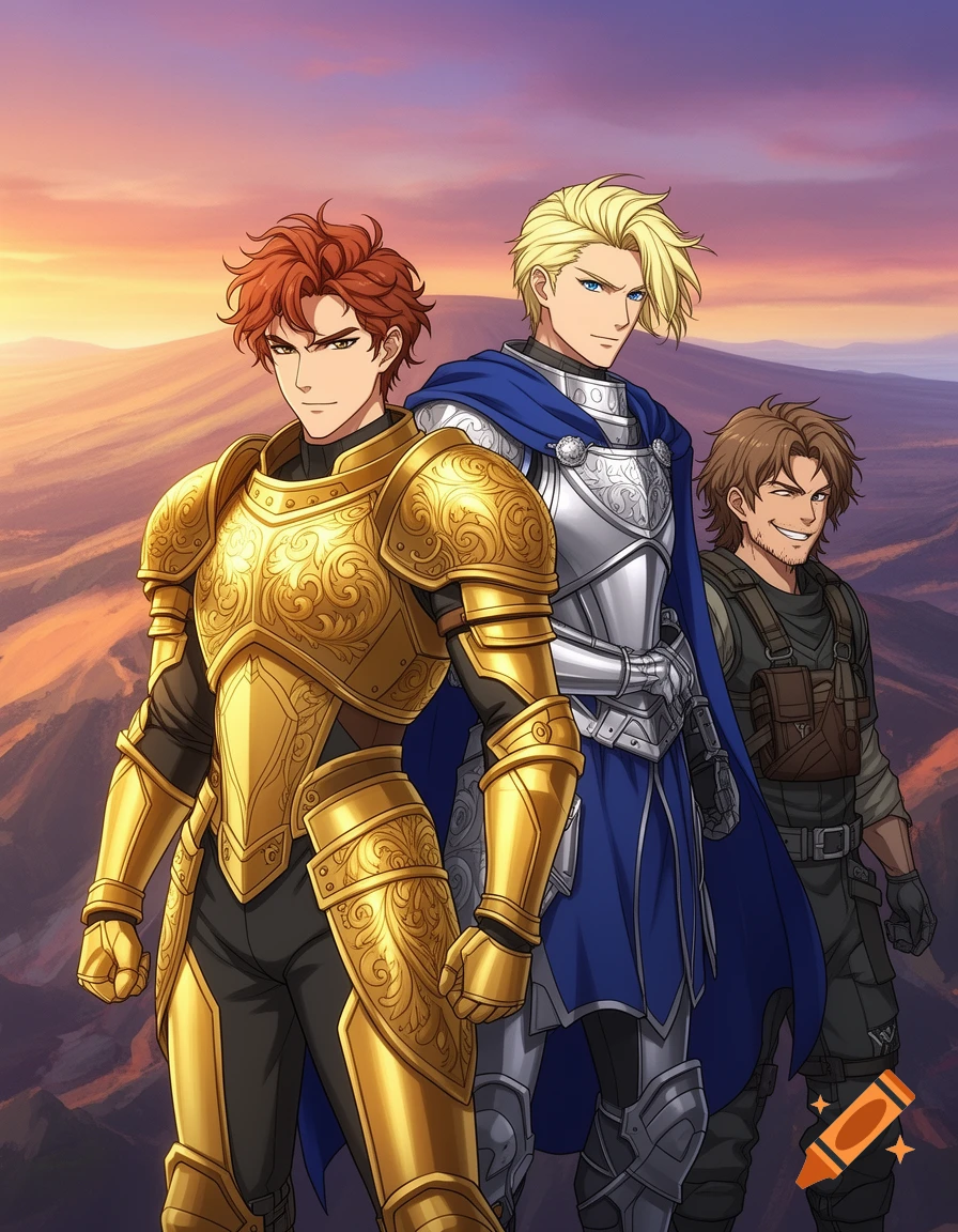 Three anime-style male characters stand against a sunset desert landscape; one in gold armor, one in silver armor with a blue cape, and one in green tactical gear.