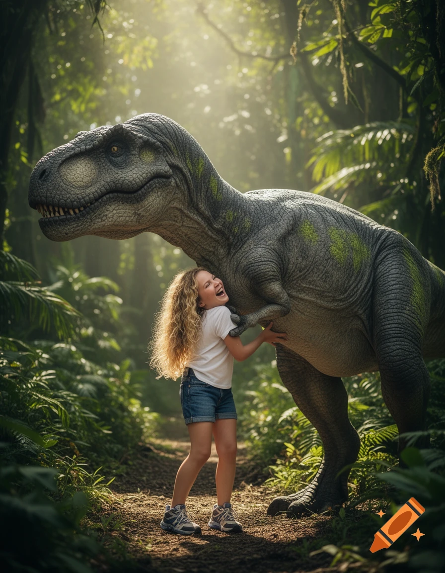A young girl with long curly hair embraces a large, photorealistic T-Rex in a sunlit jungle.