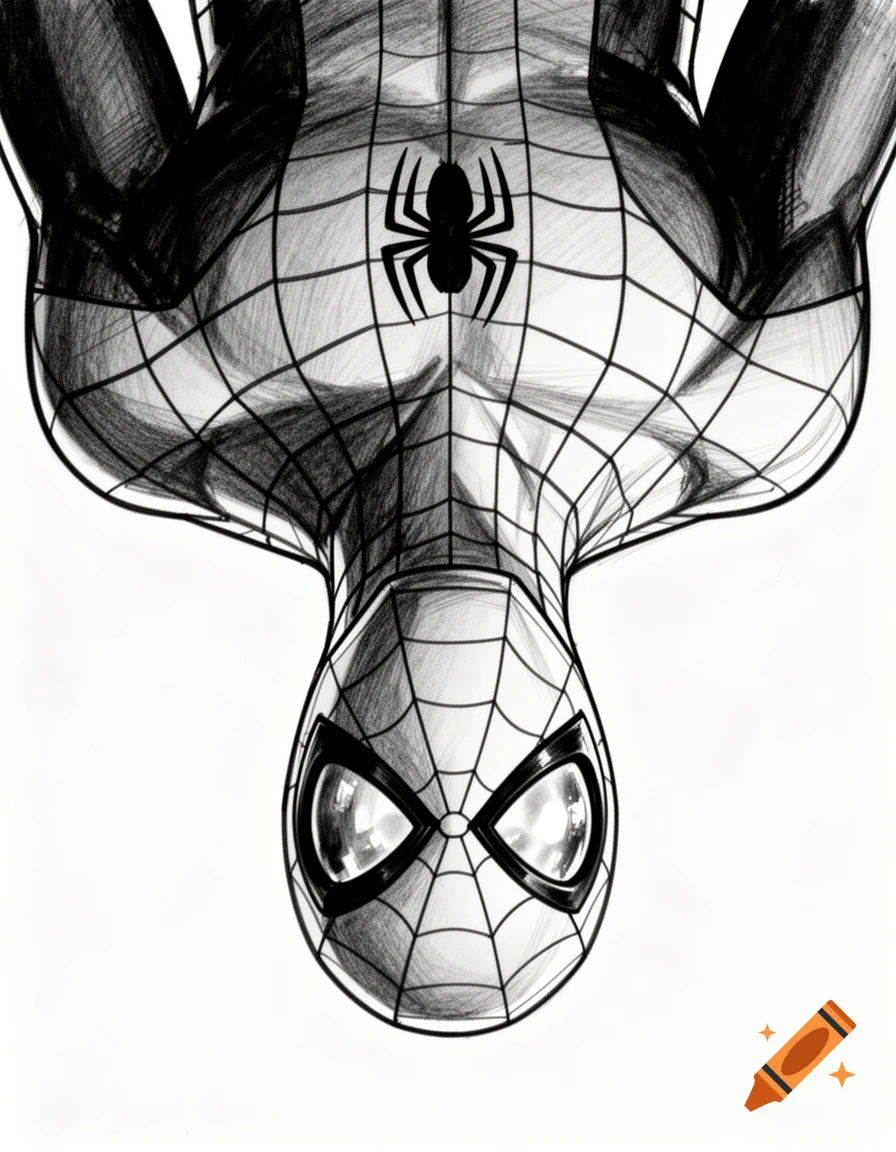 A black and white sketch of Spider-Man hanging upside down, looking forward with glowing eyes. The spider symbol is on his chest.