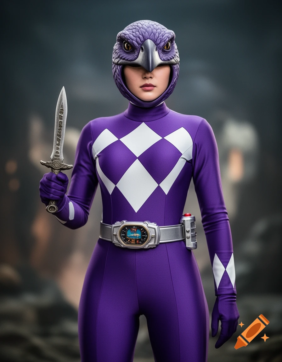 A female Purple Ranger-like character in an Archaeopteryx helmet and suit, holding a dagger, in a photorealistic style.