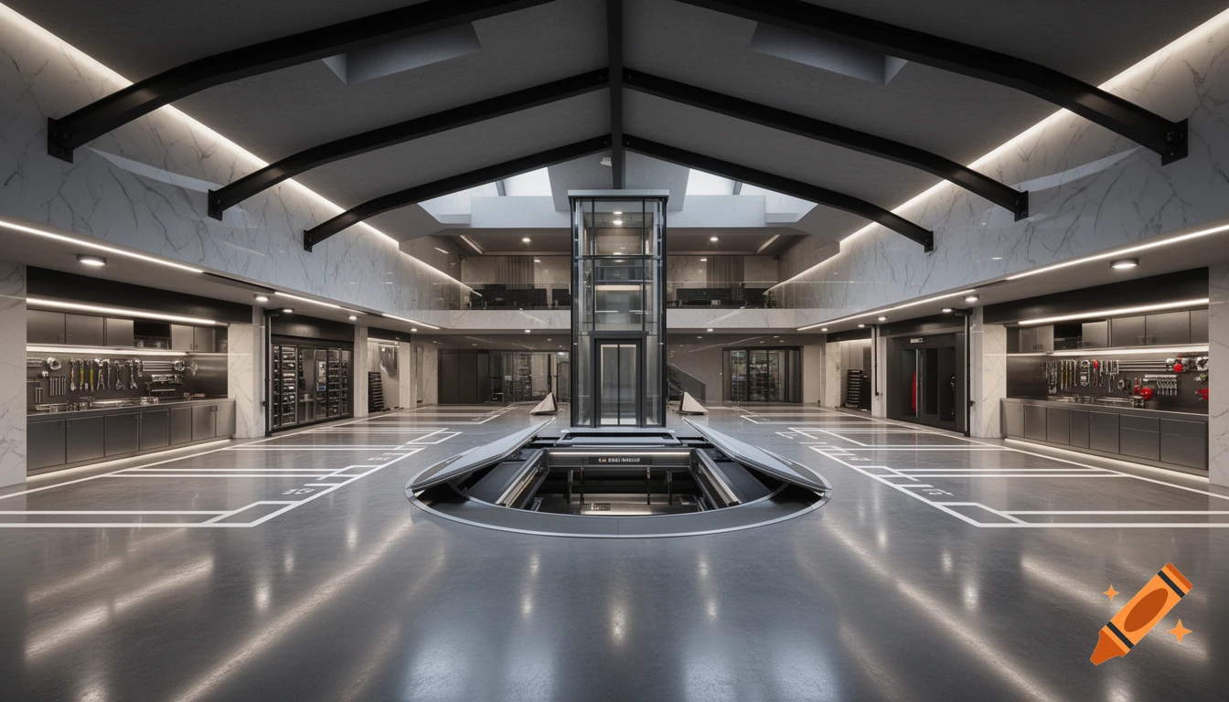 A massive, ultra-modern underground garage with polished concrete floors, black steel beams, quartz walls, and LED lighting. Features a glass elevator, hydraulic vehicle platform, and a high-end workshop.