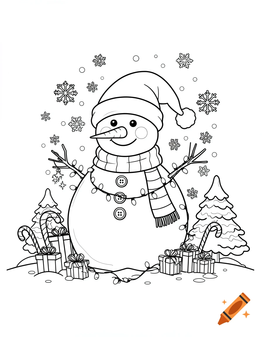 Cheerful snowman in a Santa hat and scarf, surrounded by snowflakes, candy canes, and gifts, in a black and white coloring page.