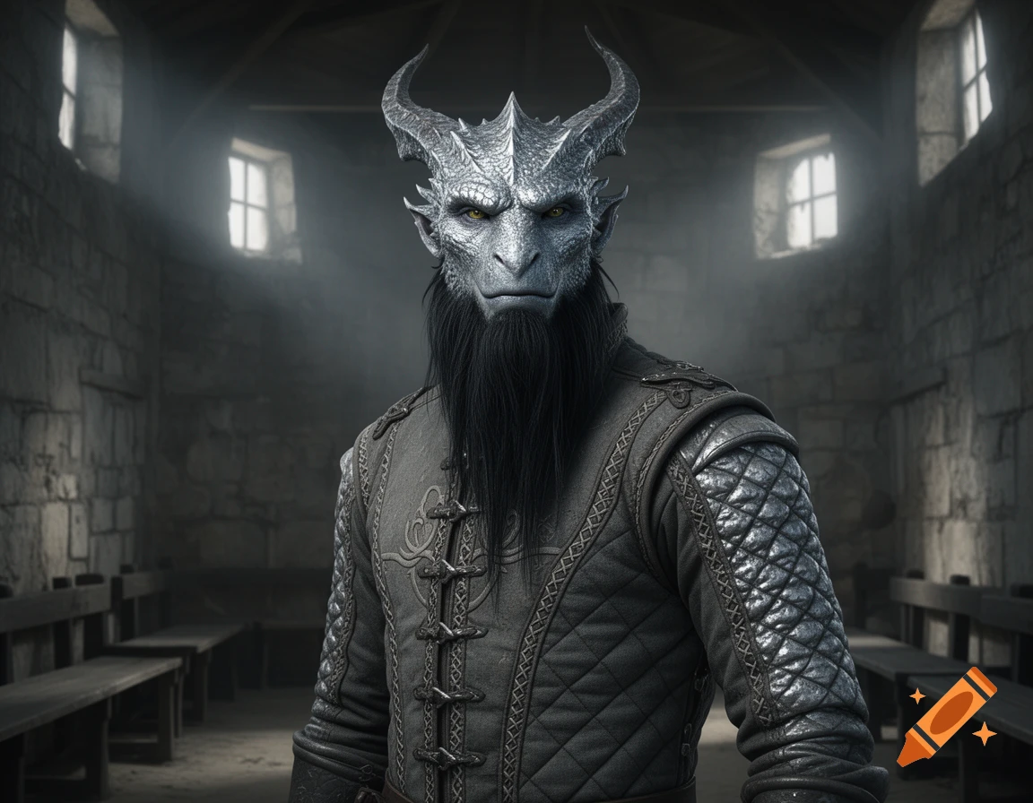 A silver dragonborn man with a long black beard and short horns wears medieval clothing, standing in a drafty stone barracks.
