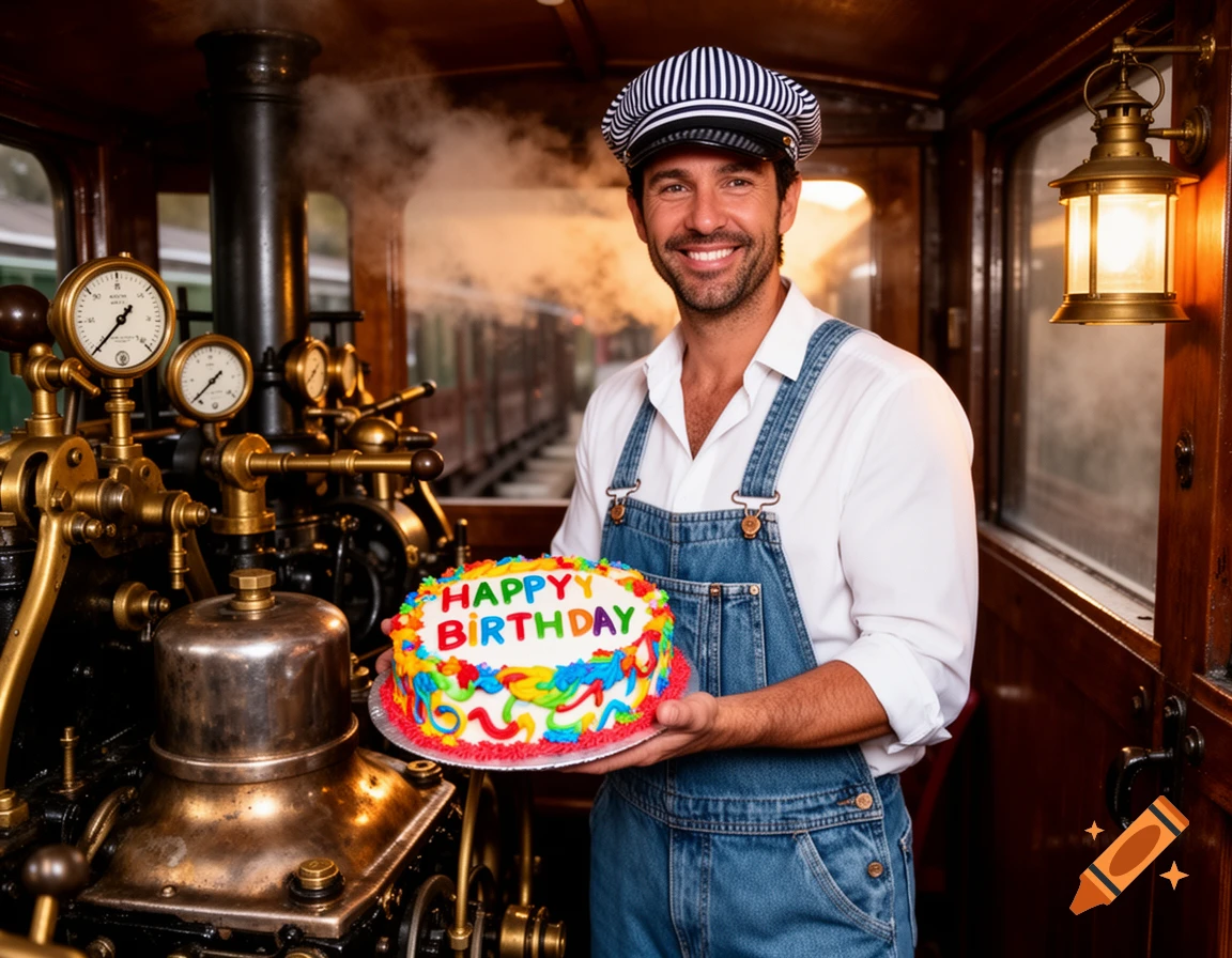 A smiling man dressed as a train driver holds a colorful 'Happy Birthday' cake inside a train's engine room.