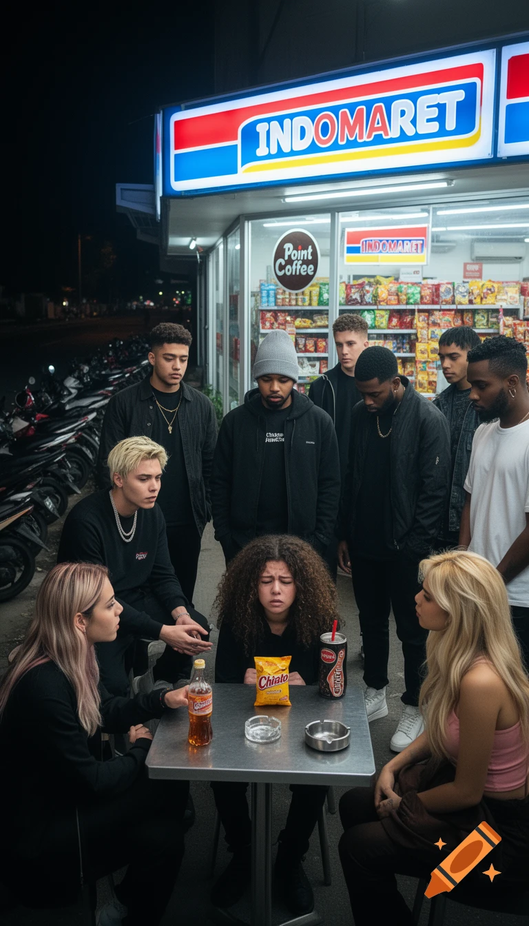 A diverse group of young adults, some sitting around a table with drinks and snacks, gather outside a brightly lit Indomaret convenience store at night.