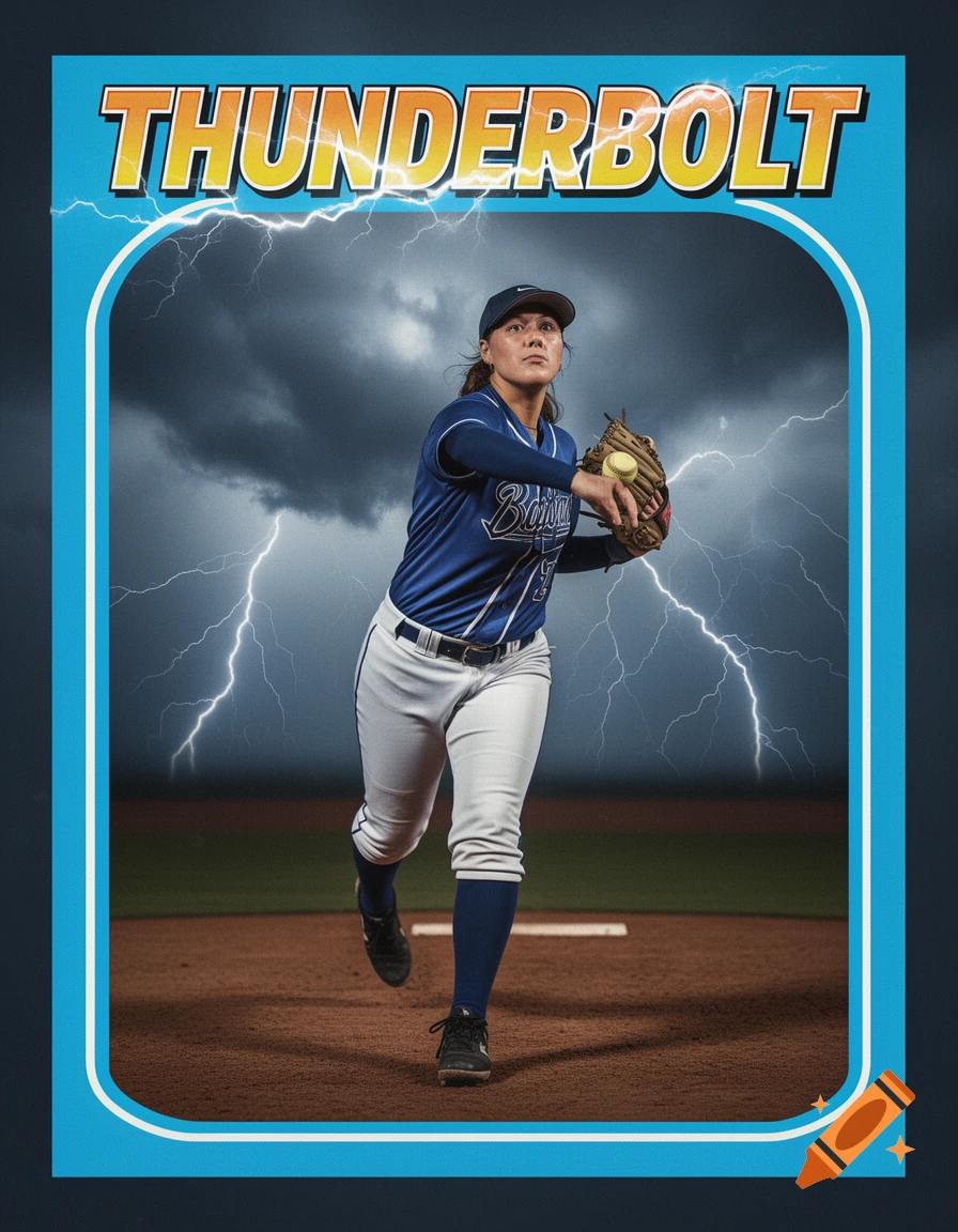 A softball player pitches on a field with lightning in the stormy sky, set inside a vintage sports card frame with 'THUNDERBOLT' at the top.