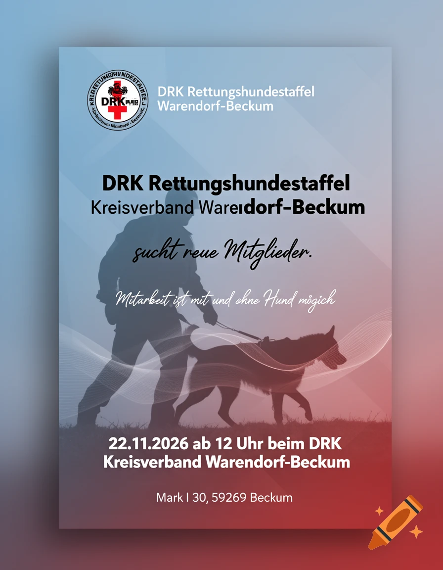 A flyer with a blue to red gradient background featuring a silhouette of a person walking a dog. Text in German promotes the DRK rescue dog squad, inviting new members and listing an information event date and address.
