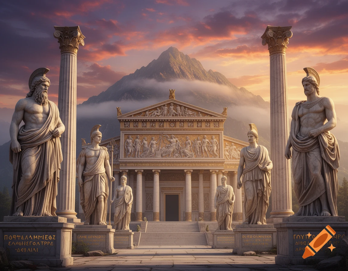 A grand ancient Greek temple with classical columns and detailed friezes, flanked by large marble statues, set against a dramatic sunset sky and mountains.