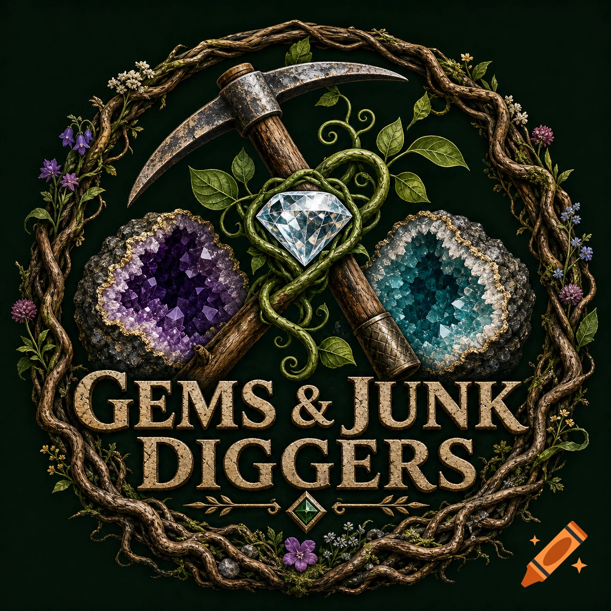 Logo for Gems & Junk Diggers with a pickaxe, diamond, and geode crystals, framed by a twisted vine wreath.