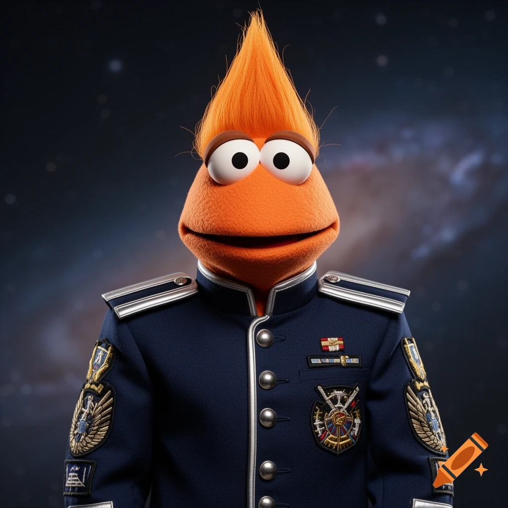 An orange muppet-like character with spiky hair and googly eyes wears a navy blue military uniform against a starry background.