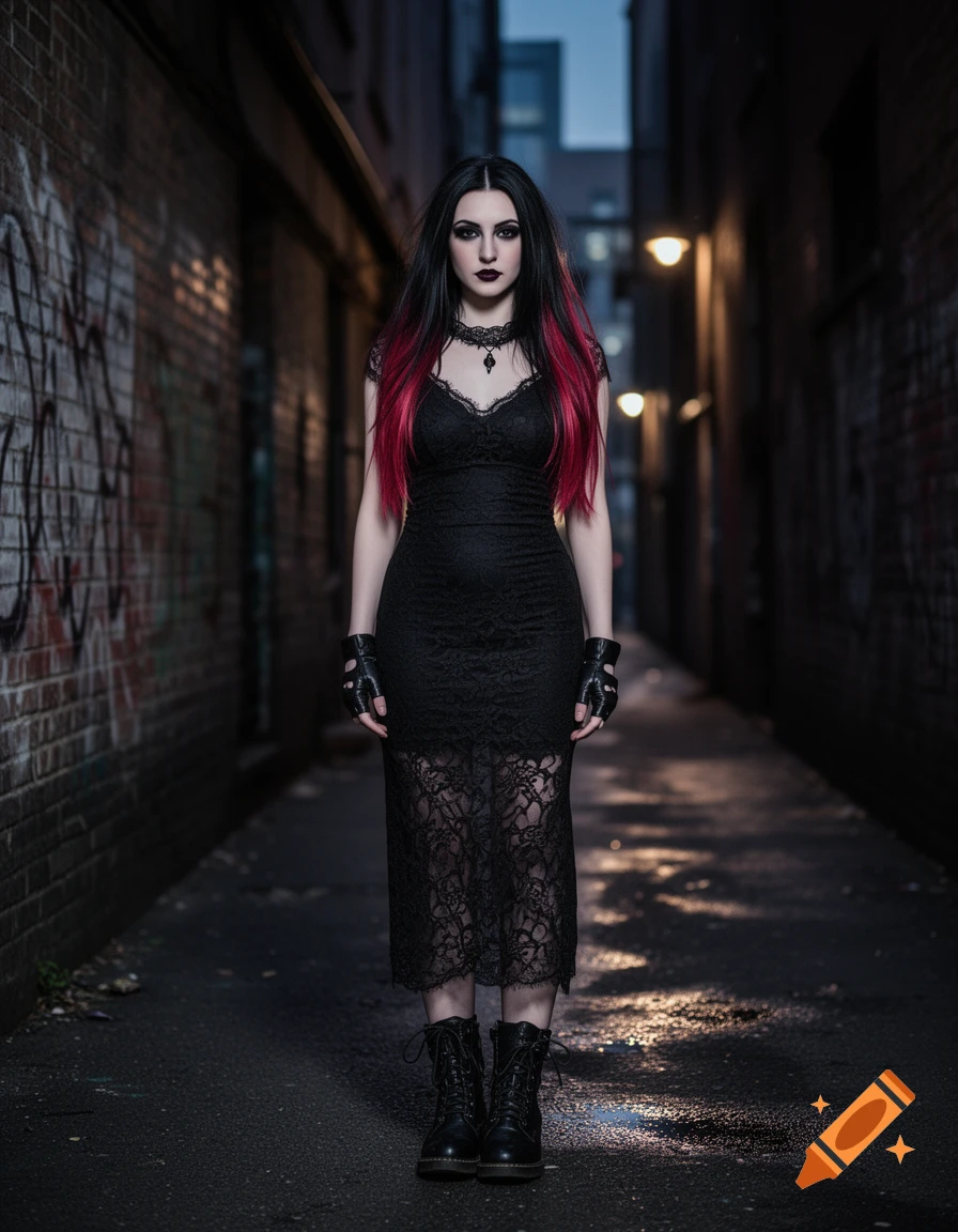 A gothic woman with black and red hair, dark makeup, a black lace dress, and combat boots stands in a dimly lit, graffiti-covered urban alleyway at night.