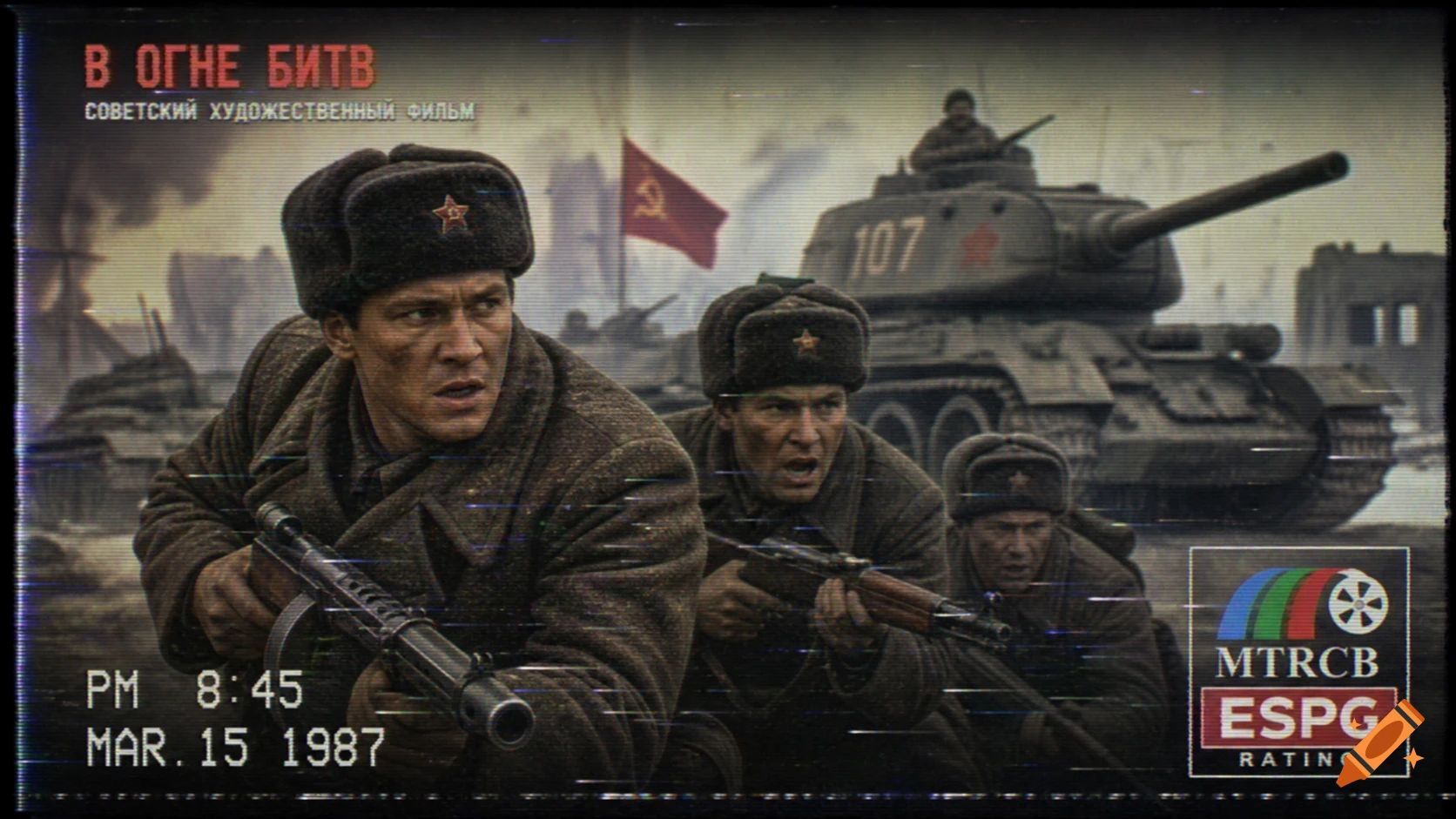A low-quality VHS-style image shows Soviet soldiers with rifles in a war scene, with tanks and a Soviet flag in the background, dated March 15, 1987.