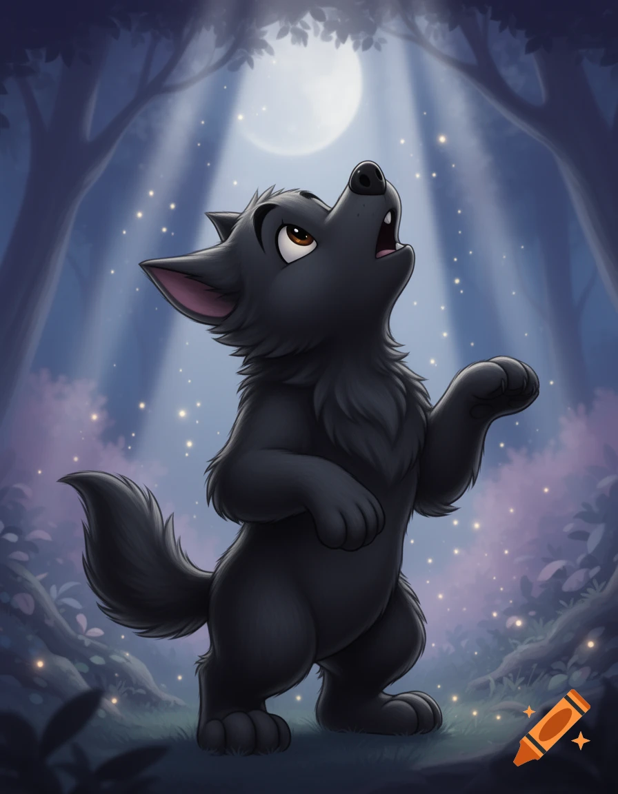 A cute black cartoon wolf howls at a full moon in a magical forest at night, in Disney animation style.