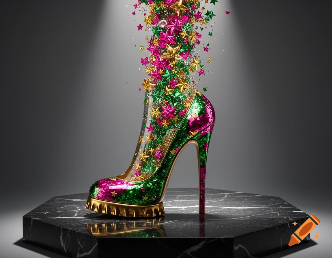 A high heel shoe, designed like a beer bottle cap at the base, overflowing with pink, emerald green, and gold stars, on a marble pedestal.