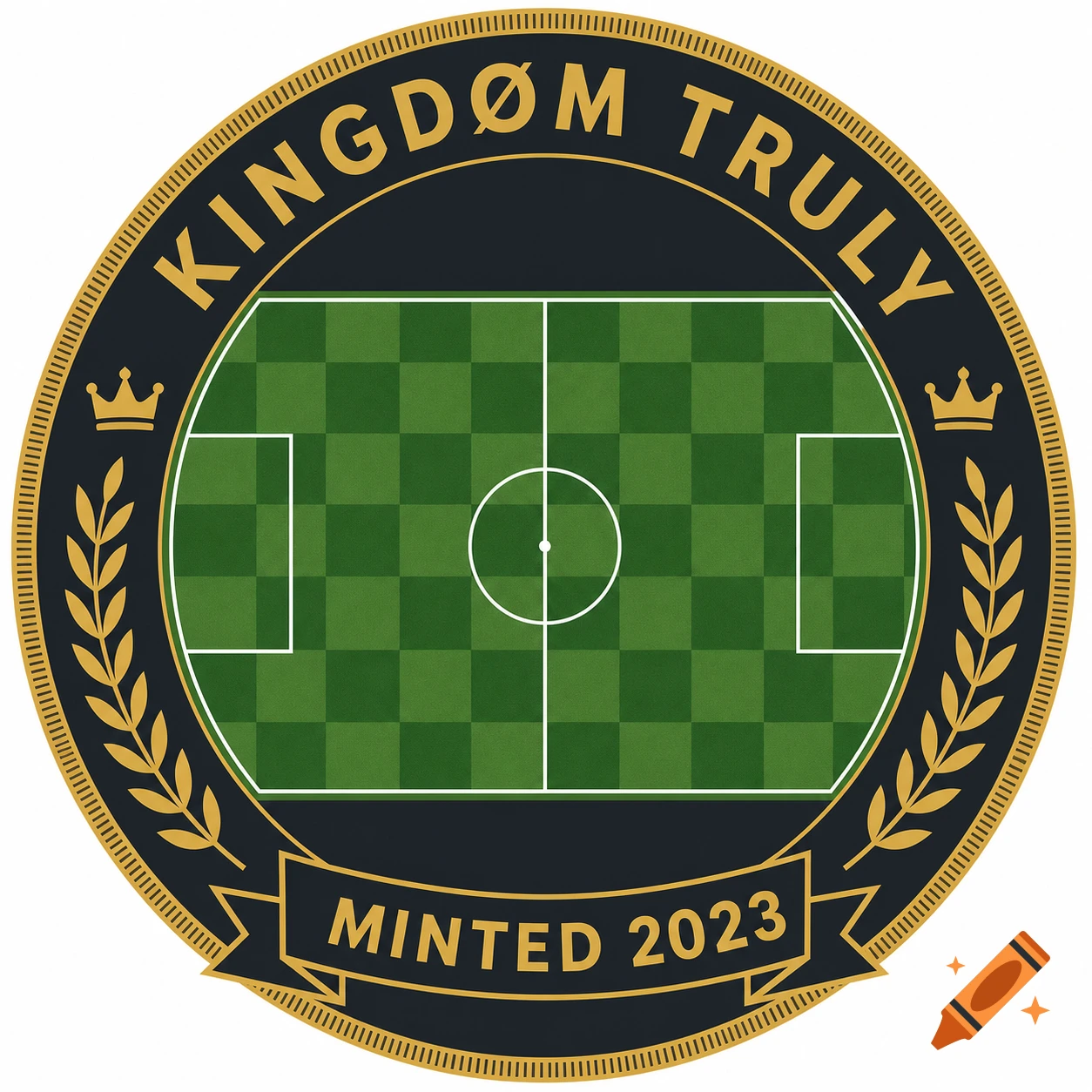 A circular flat 2D logo featuring a checkerboard football pitch. Gold text 'KINGDØM TRULY' on top, 'MINTED 2023' on a bottom banner.