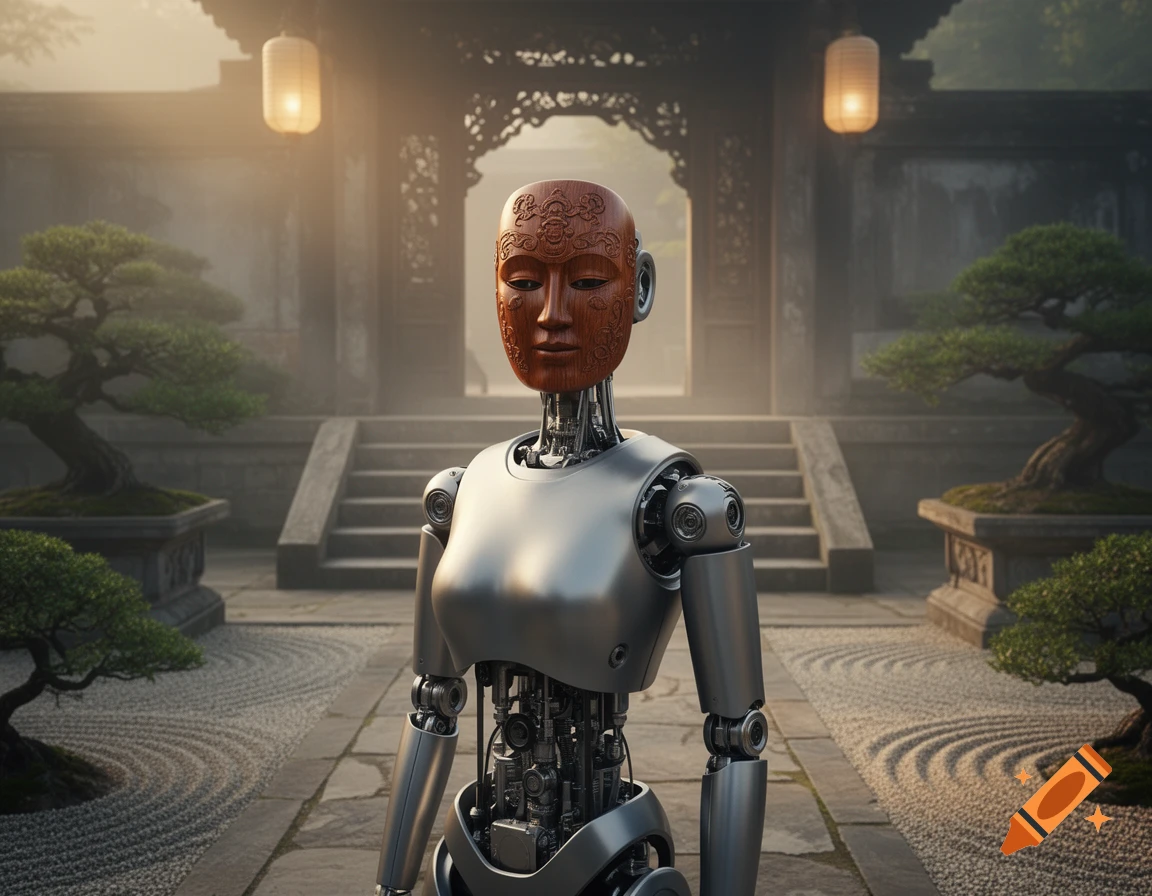 A robot with a carved wooden face mask stands in a tranquil Japanese garden with bonsai trees and a traditional gate.