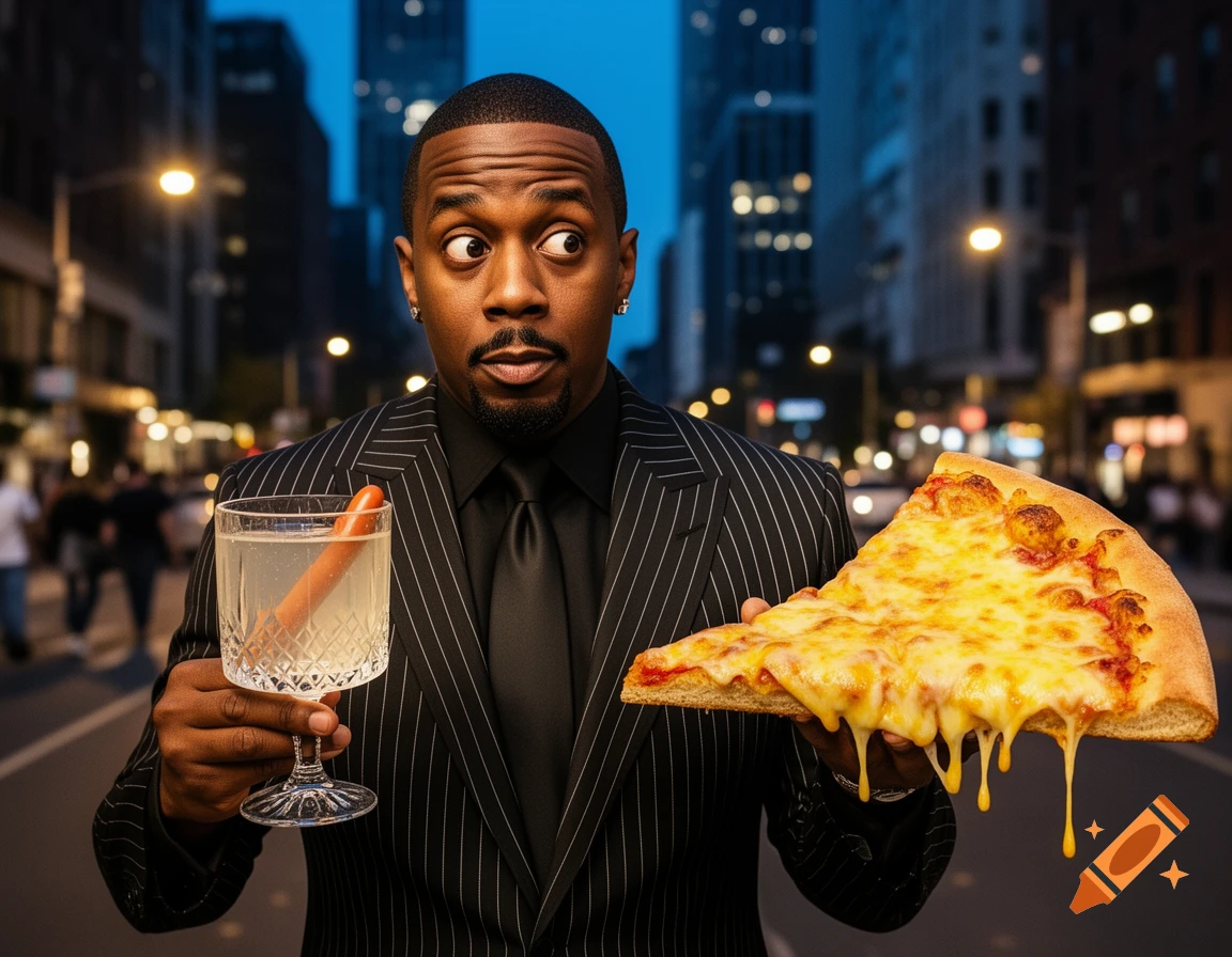 A man resembling P Diddy holds a glass with a hotdog and a dripping cheese pizza slice on a city street at night, looking surprised.