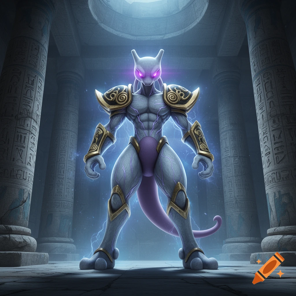 An armored Mewtwo with glowing purple eyes stands powerfully in an ancient temple, surrounded by lightning and hieroglyphic pillars.