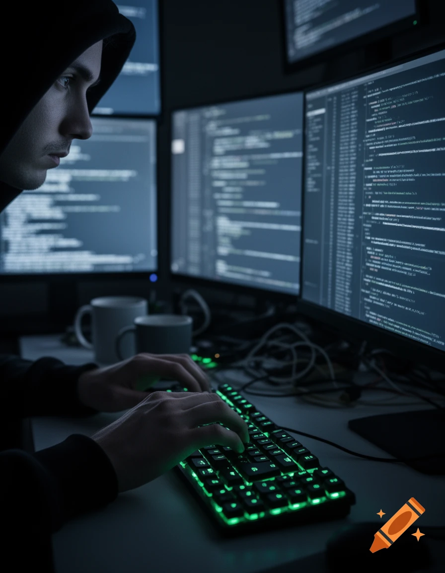 A person in a black hoodie intently typing on a green backlit keyboard in a dark room with multiple monitors displaying garbled code.