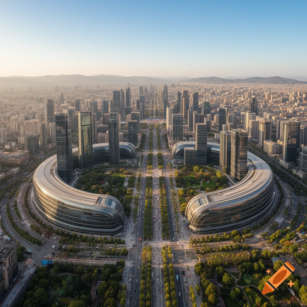 Aerial view of a sprawling modern city with large, curved glass buildings, tree-lined avenues, and dense urban development.